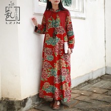 LZJN A-line Floral Maxi Dress with Pockets 2019 Spring Autumn Casual Shirt Dress 3/4 Sleeve Women Vintage Chinese Robe Femme 2024 - buy cheap