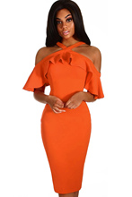 Ruffles Summer Party Dresses Nude Jacinth Halter Frill Short Sleeve Cold Shoulder Midi Dress Vestidos Mujer 2024 - buy cheap