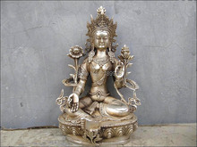 Тибетская буддистская белая бронзовая Серебряная Зеленая Тара Кван-Инь статуя Будды 2024 - купить недорого