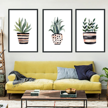 Estilo minimalista nórdico florero a rayas verde planta lienzo cartel abstracto Sala dormitorio hogar Decoración de arte de la pared 2024 - compra barato