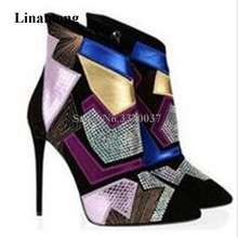 Brand Design Women Fashion Pointed Toe Rhinestone Stiletto Heel Short Boots Patchwork Sequined High Heel Ankle Booties 2024 - buy cheap