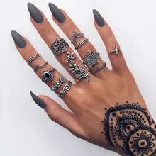 Tocona 12pc/set Vintage Silver Color Rings Black Rhinestone Flower Hamsa Knuckle Crown Finger Jewelry Midi Rings for Women 6394 2024 - buy cheap
