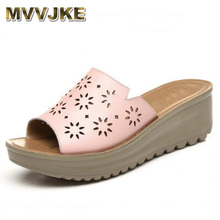 MVVJKE  2019 New Summer Hollow Real Leather Slippers Women Sandals Platform Wedges Fashion Sandals Shoes 2024 - buy cheap