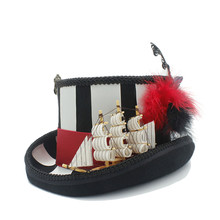 Chapéu steampunk feminino 100% lã, hatt com barco noturno, chapéu de circo, pirata, 4 tamanhos 55 57 59 61cm 2024 - compre barato