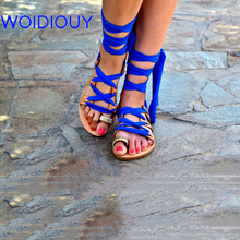 Sandalias de mujer con cordones azul real sandalias de gladiador de cuero para mujer zapatos casuales de verano Sandalias planas de Mujer Zapatos de playa 2024 - compra barato