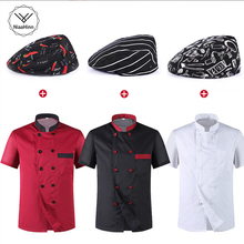 Unisex Manga Curta Patchwork Respirável Cor da Costura Jaquetas de Chef de Food Service Cafe Garçom Desgaste do Trabalho Aventais Uniformes Chapéus 2024 - compre barato