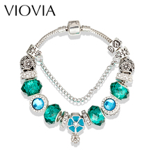 Pulseiras e pulseiras de berloques viovia 2019, em prata, flores verdes, miçangas de cristal, bracelete para meninas, presente b16097 2024 - compre barato