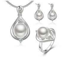 New Arrival Women Silver Plated Earrings Jewelry Set For Girls Vintage Pearl Necklace Rings Silver Plated Female Accessories 2024 - buy cheap