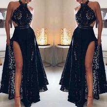 Elegant Halter Neck Prom Dresses Sexy Black Lace Appliques High Side Split Evening Gowns Plus Size Custom Made Zipper Back 2024 - buy cheap