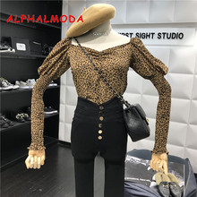 ALPHALMODA-Blusa corta Retro de manga larga para Primavera, camisa ceñida con estampado de leopardo y arrugas para mujer, 2019 2024 - compra barato