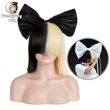 35cm sia anime cabelo sintético metade preto e loiro ombre curto reta liso franja resistente ao calor cosplay perucas completas para mulher 2024 - compre barato