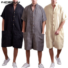 Streetwear Mens Romper Short Sleeve Solid Button Big Pockets Jumpers Vacation Overalls Fashion Cargo Suits Casual Rampers Pants 2024 - buy cheap