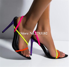 New Fashion Women Pointed Open Toe Mixed-colors Straps Stiletto Heel Sandals Patchwork Slip-on High Heel Sandals Dress Heels 2024 - buy cheap