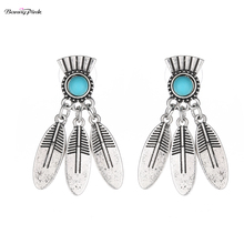 Banny Pink Ethnic Carved Leaf Statement Stud Earrings For Women Vintage Synthetic Stone Geometric Pendant Post Earrings Brincos 2024 - buy cheap