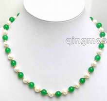 Fashionable 6-7mm natural White FreshWater Pearl & 8mm Green stone 18" Necklace-com1016 2024 - buy cheap