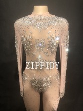 Блестящий соблазнительный сетчатый комбинезон с серебряными кристаллами для ночного клуба и вечевечерние НКИ, женский прозрачный трико для певицы, Женский танцевальный костюм на день рождения 2024 - купить недорого