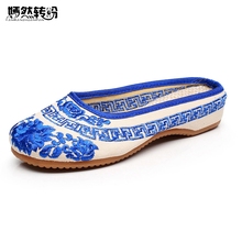 Women Slippers Summer New Vintage Chinese Canvas Old BeiJing Blue and White Embroidery Sandals Soft Shoes Plus Size 41 2024 - buy cheap