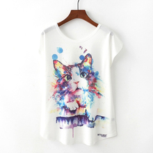 Color painting cat print 2019 summer new women's round neck short-sleeved T-shirt loose casual solid color clothing tops 2024 - buy cheap