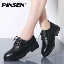 PINSEN 2020 Autumn Women Oxford Shoes Genuine Leather Lace Up Round Toe Ladies Shoes Woman Casual Flat Boat Shoes Moccasins 2024 - buy cheap