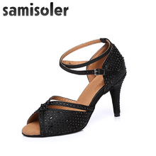 Samisoler-zapatos de baile latino para mujer, calzado de satén a la moda, con diamantes de imitación negros, tacones altos, zapatos de salón 2024 - compra barato