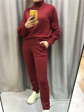 2021 O-neck Drawstring Wool Full Winter Women's Warm Cashmere 2 Piece Set Puff Sleeve Sweater + Casual Trousers Knit Suit Women 2024 - buy cheap