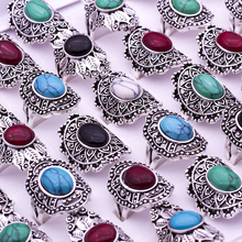 Lote de 20 anillos de piedras variadas para mujer, sortijas huecas chapadas en plata antigua Vintage, joyería de moda 2024 - compra barato