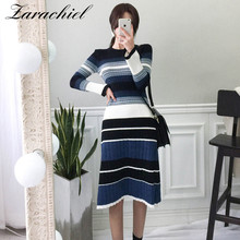 Women Autumn Winter Pullover Knitted Dress Fashion Long Flare Sleeve Casual Vintage Striped O-Neck Mid-Calf Sweater Dress 2024 - buy cheap