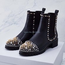 New Arrival Round Toe Black PU Ankle Boots Gold Silver Rivet Punk Slip On Lady Short Boots Cool Style Comfortable Flat Shoes 2024 - buy cheap