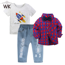 2021 Fashion Boy Clothes Sets Gentleman Suits Long Sleeve Grid Shirt + T-Shirt + Denim Pants Kids Clothing Sets Birthday Outfits 2024 - buy cheap