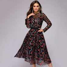 2018 New Vestidos Sexy Women Floral Embroidery knee-length Dress Sheer Mesh Autumn Boho A-line Dress See-through Black Dress 2024 - buy cheap