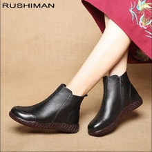 RUSHIMAN Fashion Winter Flat Boots Genuine Leather Ankle Boots comfortable Casual Shoes plus velvet Handmade Women Boot 2024 - buy cheap