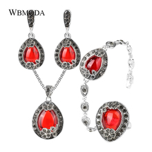 4 Pcs/lot Vintage Silver Plated Bridal Jewelry Sets Bohemian Gray Crystal Flower Red Green Stone Earrings Necklace Ring Bracelet 2024 - buy cheap