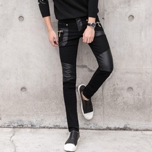 Fashion Men's Pant Faux Leather Jeans Spliced Denim Trousers Male Stretch Slim Fit Punk Stage Singer Motorcycle Casual Pants Men 2024 - buy cheap