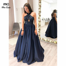 2019 Halter Dark Blue Evening dresses Long with Sequins Criss Cross A-Line Satin Vestidos De Party Dresses evening dress 2024 - buy cheap