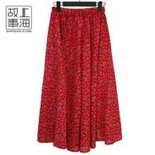Shanghai Story Women's Spring/Summer Floral Pleated Retro A-Line Cotton Linen Long Skirt Red summer skirt 2024 - buy cheap