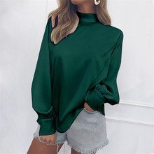 New Spring Autumn Hot Europe Pullovers Women Long Lantern Sleeve Turtleneck Female Silk Blouse and Shirt Casual Tops Streetwear 2024 - buy cheap