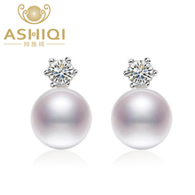 ASHIQI-pendientes de plata de ley 925 auténtica para mujer, aretes de tuerca de perlas naturales de agua dulce de 8-9mm, regalo clásico de aniversario 2024 - compra barato