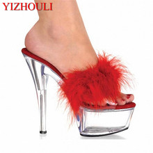 Zapatillas de tacón ultra alto con diseño de plumas sexys de 15cm de cristal, modelo banquete, zapatos de tacón alto de 6 pulgadas 2024 - compra barato