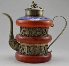 Tetera de Jade rojo y plata del Tíbet antiguo, decoración de jardín de dragón y mono, 100% real, latón de plata tibetana, envío gratis 2024 - compra barato