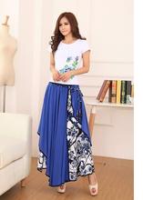 1pcs/lot Fashion High Waist Maxi Skirts Women Summer Casual Printed Floral Patchwork Asymmetric Pleated skirt 2024 - buy cheap