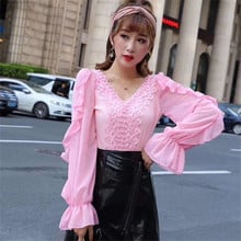 Spring Women Hollow Out Lace Blouse Sexy V-Neck Beading Chiffon Shirt Female Casual Ruffles Long Sleeve Blouses Shirt Tops A1380 2024 - buy cheap