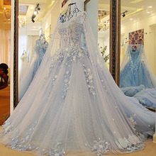 Vestido de noiva romântico, céu azul, vestidos de casamento, 2018, com pérolas, apliques, capa longa, feito sob encomenda 2024 - compre barato