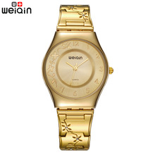 Relógio feminino luxuoso dourado, bracelete de aço inoxidável quartzo ultra fino 6mm com detalhes simples e elegantes 2024 - compre barato