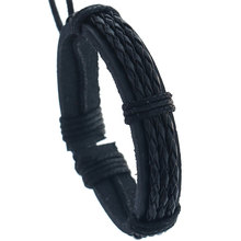 Pulseira de couro para homens e mulheres, bracelete preto de couro genuíno entrelaçado à mão 2024 - compre barato