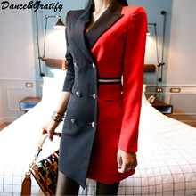 Women Double Breasted Blazer Pencil Work Dress Business Autumn Winter Black Red Patchwork Notched Collar Sheath Office Dress 2024 - buy cheap