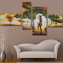 4 Panel Hand Painted African Women Canvas Painting Wall Art Cuadros Landscape Wall Picture For Living Room Unframed XY184 2024 - buy cheap