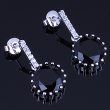 Perfect Round Black Cubic Zirconia White CZ Silver Plated Stud Earrings V0193 2024 - buy cheap