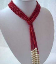 Beautiful 3 strands 4 MM Red Coral & White Pearl Scarf Necklace 50"^^^@^Noble style Natural Fine jewe FREE SHIPPING 2024 - buy cheap