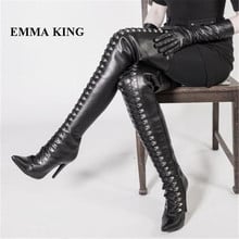 Sexy Black High Heeled Stiletto Boots Pointed Toe Cross-tied Gladiator Thigh High Boots Roman Metal Decor Cut-out Shoes Women 2024 - buy cheap
