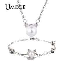 UMODE Cute White Pearl Cat Ear White Gold Color Jewelry Set for Women Necklace and Bracelet Set Link Chain Pearl Jewelry AUS0050 2024 - buy cheap